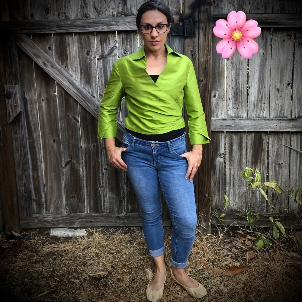 🌸 Lime green silk wrap crop top blouse 2 for $20